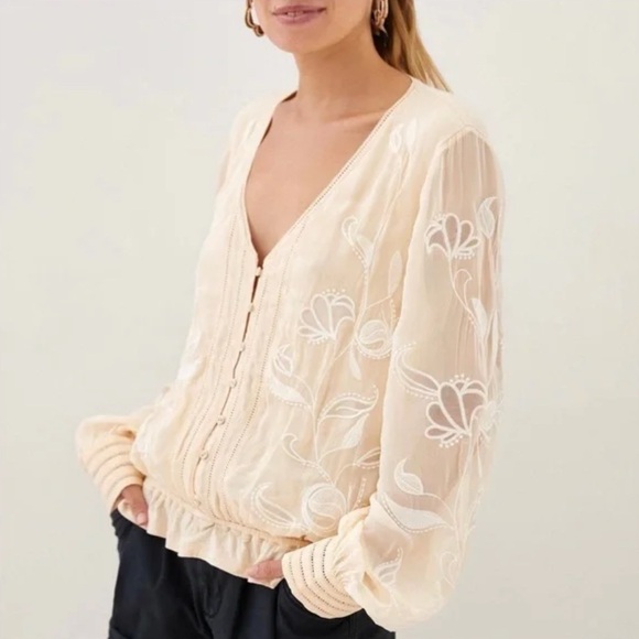 ANTHROPOLOGIE Cream Ivory Floral Embroidered Blouse Top 1X Dressy - Picture 2 of 15